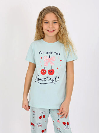 Kız Çocuk Kısa Kollu %100 Pamuklu Pijama Takımı Cherry