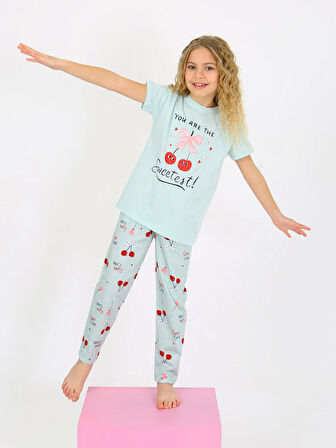 Kız Çocuk Kısa Kollu %100 Pamuklu Pijama Takımı Cherry