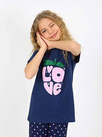Kız Çocuk Kısa Kollu %100 Pamuklu Pijama Takımı Cute Love