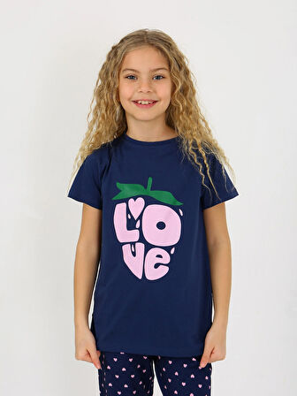 Kız Çocuk Kısa Kollu %100 Pamuklu Pijama Takımı Cute Love