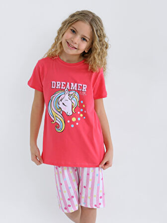 Kız Çocuk Kısa Kollu Kapri %100 Pamuklu Pijama Takımı Dreamer Girl