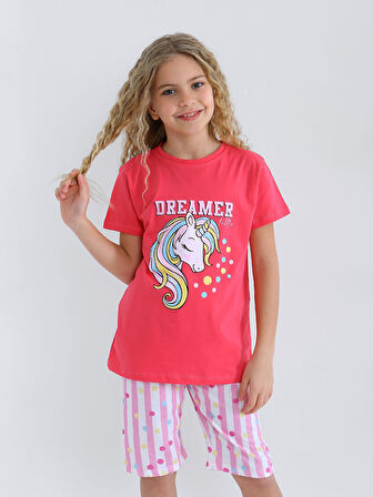 Kız Çocuk Kısa Kollu Kapri %100 Pamuklu Pijama Takımı Dreamer Girl