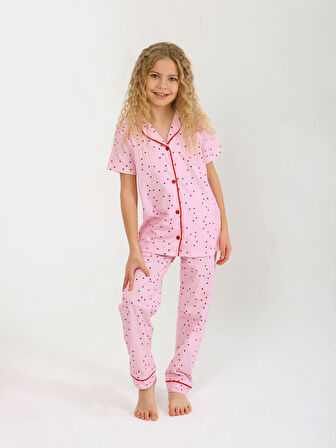 Kız Çocuk Kısa Kollu Düğmeli %100 Pamuklu Pijama Takımı Sera