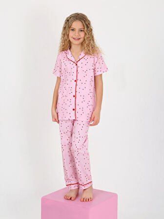 Kız Çocuk Kısa Kollu Düğmeli %100 Pamuklu Pijama Takımı Sera