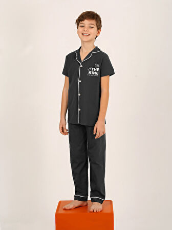 Erkek Çocuk Kısa Kollu Düğmeli %100 Pamuklu Pijama Takımı The King