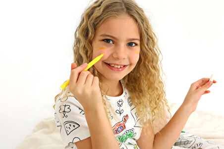 Kısa Kollu Özel Kalem Hediye BOYANABİLİR Kız Erkek Çocuk Pijama Takımı (Yıkama Sonrası Leke Bırakmaz)