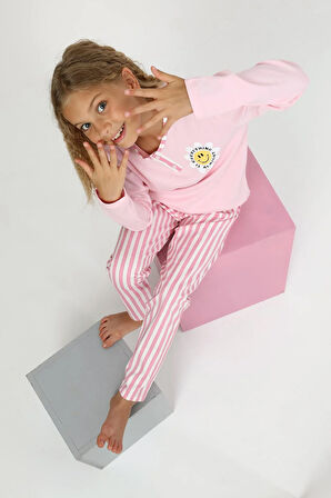 Kız Çocuk Uzun Kollu %100 Pamuklu Düğme Detaylı Pijama Takımı Alright