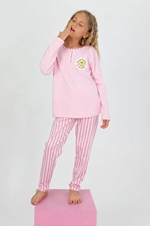 Kız Çocuk Uzun Kollu %100 Pamuklu Düğme Detaylı Pijama Takımı Alright