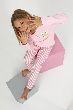 Kız Çocuk Uzun Kollu %100 Pamuklu Düğme Detaylı Pijama Takımı Alright