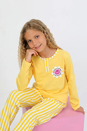 Kız Çocuk Uzun Kollu %100 Pamuklu Düğme Detaylı Pijama Takımı Alright