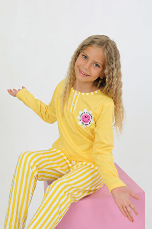 Kız Çocuk Uzun Kollu %100 Pamuklu Düğme Detaylı Pijama Takımı Alright
