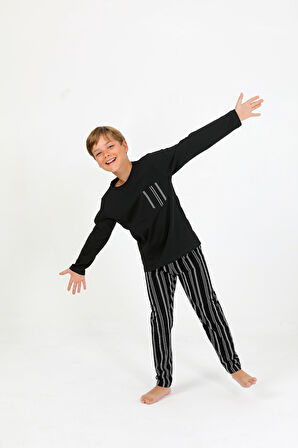 Erkek Çocuk Uzun Kollu %100 Pamuklu Cepli Pijama Takımı Drift