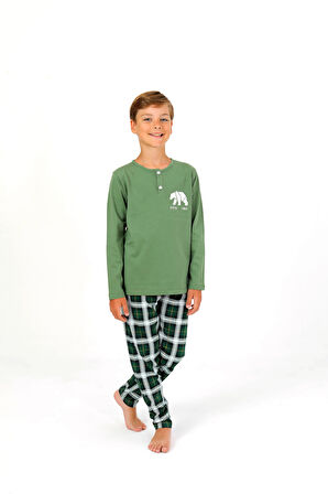 Erkek Çocuk Uzun Kollu %100 Pamuklu Düğme Detaylı Pijama Takımı Everest