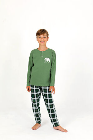 Erkek Çocuk Uzun Kollu %100 Pamuklu Düğme Detaylı Pijama Takımı Everest