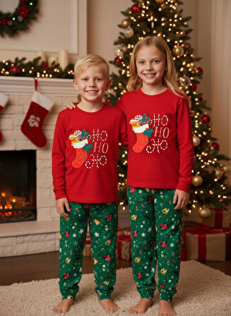Yılbaşı 1-15 Yaş Çocuk Uzun Kollu %100 pamuk Pijama Takımı Yeni Yıl Jolly (1 Adet)