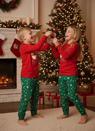 Yılbaşı 1-15 Yaş Çocuk Uzun Kollu %100 pamuk Pijama Takımı Yeni Yıl Jolly (1 Adet)