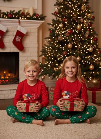 Yılbaşı 1-15 Yaş Çocuk Uzun Kollu %100 pamuk Pijama Takımı Yeni Yıl Jolly (1 Adet)