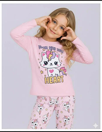 Kız Çocuk Uzun Kollu %100 Pamuklu Pijama Takımı Unicat