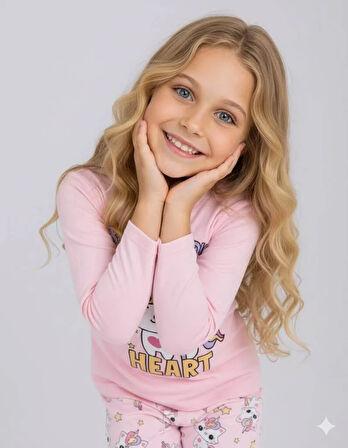 Kız Çocuk Uzun Kollu %100 Pamuklu Pijama Takımı Unicat