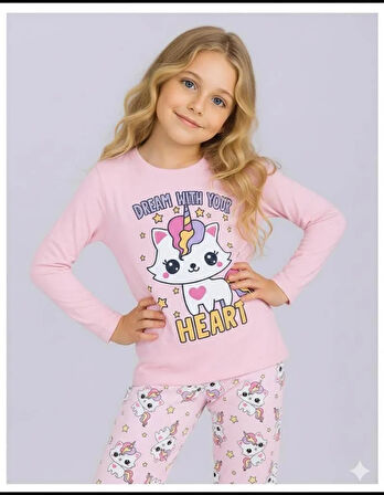 Kız Çocuk Uzun Kollu %100 Pamuklu Pijama Takımı Unicat