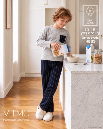 Erkek Çocuk Uzun Kollu %100 Pamuklu Cepli Bluclass Pijama Takımı