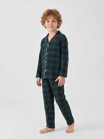 Erkek Çocuk Uzun Kollu Düğmeli %100 Pamuklu Pijama Takımı Yeşil Ekose