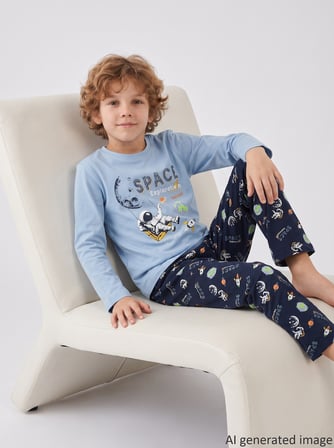 Erkek Çocuk Uzun Kollu %100 Pamuklu Pijama Takımı Space Lesson