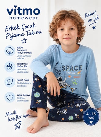 Erkek Çocuk Uzun Kollu %100 Pamuklu Pijama Takımı Space Lesson