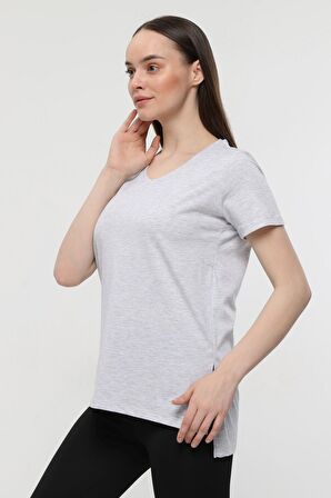 defy's KADIN V YAKA ARKASI UZUN TİŞÖRT KAR MELANJ - XXL