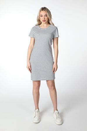 KADIN ÇİZGİLİ KISA KOLLU ELBİSE GRİ-SİYAH - S