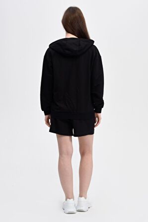 defy's KADIN KAPÜŞONLU FERMUARLI OVERSIZE SWEATSHIRT SİYAH - XXL