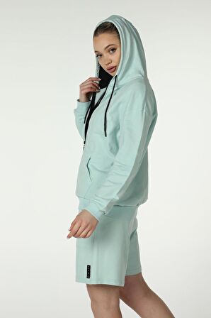 defy's KADIN KAPÜŞONLU FERMUARLI OVERSIZE SWEATSHIRT SU YEŞİLİ - XXL