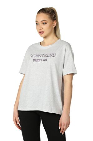 defy's KADIN BASKILI KISA KOLLU BİSİKLET YAKA OVERSIZE TİŞÖRT KAR MELANJ - S