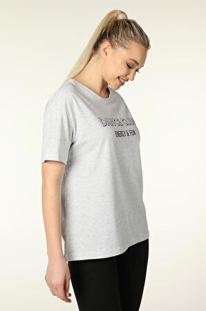 defy's KADIN BASKILI KISA KOLLU BİSİKLET YAKA OVERSIZE TİŞÖRT KAR MELANJ - S