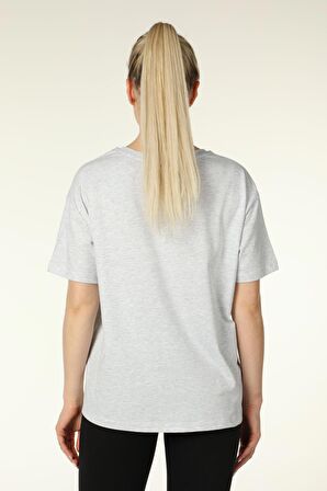defy's KADIN BASKILI KISA KOLLU BİSİKLET YAKA OVERSIZE TİŞÖRT KAR MELANJ - S