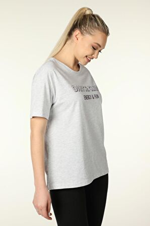 defy's KADIN BASKILI KISA KOLLU BİSİKLET YAKA OVERSIZE TİŞÖRT KAR MELANJ - L