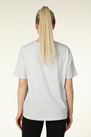 defy's KADIN BASKILI KISA KOLLU BİSİKLET YAKA OVERSIZE TİŞÖRT KAR MELANJ - L