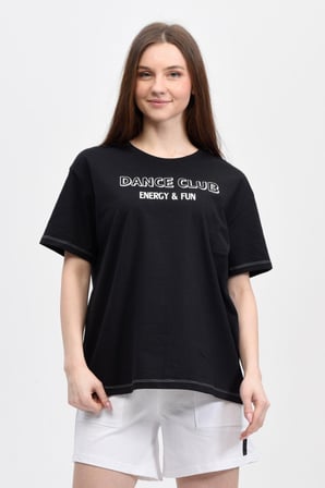 defy's KADIN BASKILI KISA KOLLU BİSİKLET YAKA OVERSIZE TİŞÖRT SİYAH - XS