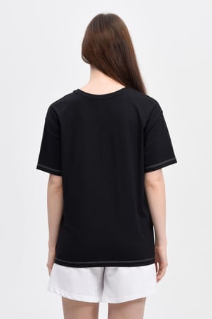 defy's KADIN BASKILI KISA KOLLU BİSİKLET YAKA OVERSIZE TİŞÖRT SİYAH - XS