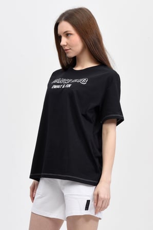 defy's KADIN BASKILI KISA KOLLU BİSİKLET YAKA OVERSIZE TİŞÖRT SİYAH - XS