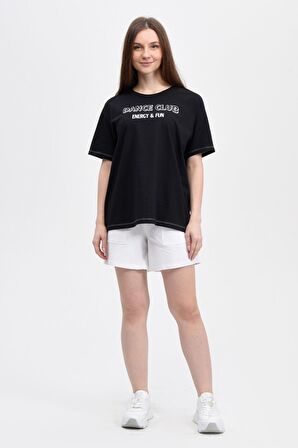 defy's KADIN BASKILI KISA KOLLU BİSİKLET YAKA OVERSIZE TİŞÖRT SİYAH - M