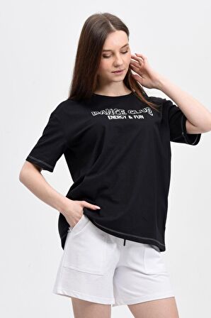defy's KADIN BASKILI KISA KOLLU BİSİKLET YAKA OVERSIZE TİŞÖRT SİYAH - M