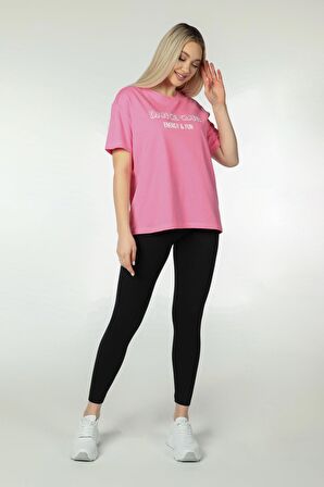 defy's KADIN BASKILI KISA KOLLU BİSİKLET YAKA OVERSIZE TİŞÖRT PEMBE - S