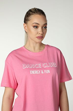 defy's KADIN BASKILI KISA KOLLU BİSİKLET YAKA OVERSIZE TİŞÖRT PEMBE - S