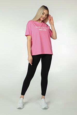 defy's KADIN BASKILI KISA KOLLU BİSİKLET YAKA OVERSIZE TİŞÖRT PEMBE - M
