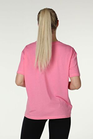 defy's KADIN BASKILI KISA KOLLU BİSİKLET YAKA OVERSIZE TİŞÖRT PEMBE - M
