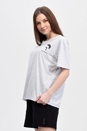 defy's KADIN ÖN VE SIRT BASKILI KISA KOLLU BİSİKLET YAKA OVERSIZE TİŞÖRT KAR MELANJ - S