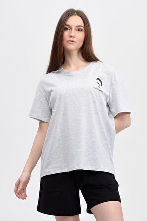 defy's KADIN ÖN VE SIRT BASKILI KISA KOLLU BİSİKLET YAKA OVERSIZE TİŞÖRT KAR MELANJ - S