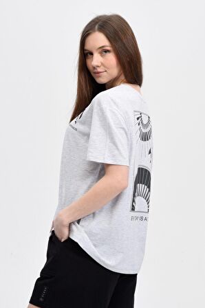 defy's KADIN ÖN VE SIRT BASKILI KISA KOLLU BİSİKLET YAKA OVERSIZE TİŞÖRT KAR MELANJ - XL