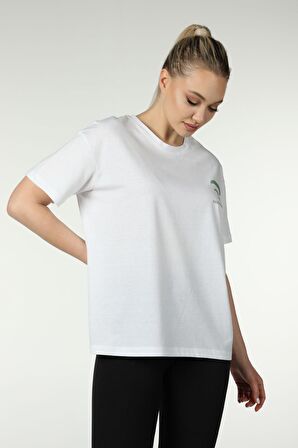 defy's KADIN ÖN VE SIRT BASKILI KISA KOLLU BİSİKLET YAKA OVERSIZE TİŞÖRT BEYAZ - M